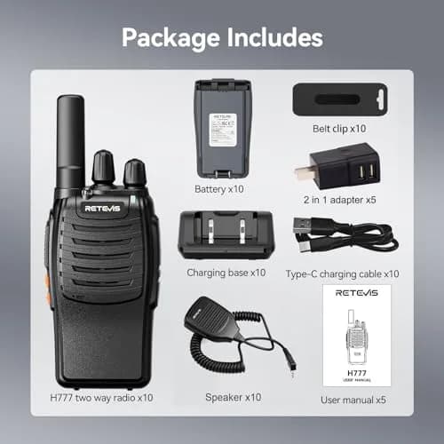 Retevis H-777 Walkie Talkies with Mic for Adults | Long Range 2 Way Radios, 16 Channels, Emergency Alarm, VOX Hands-Free, 10 Pack thumbnail 7