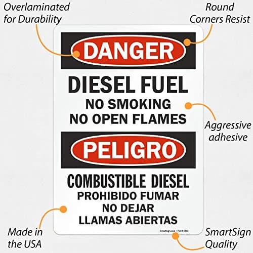 SmartSign Danger Diesel Fuel No Smoking No Open Flames Bilingual Label 10" x 14" | Safety Warning Sign thumbnail 2