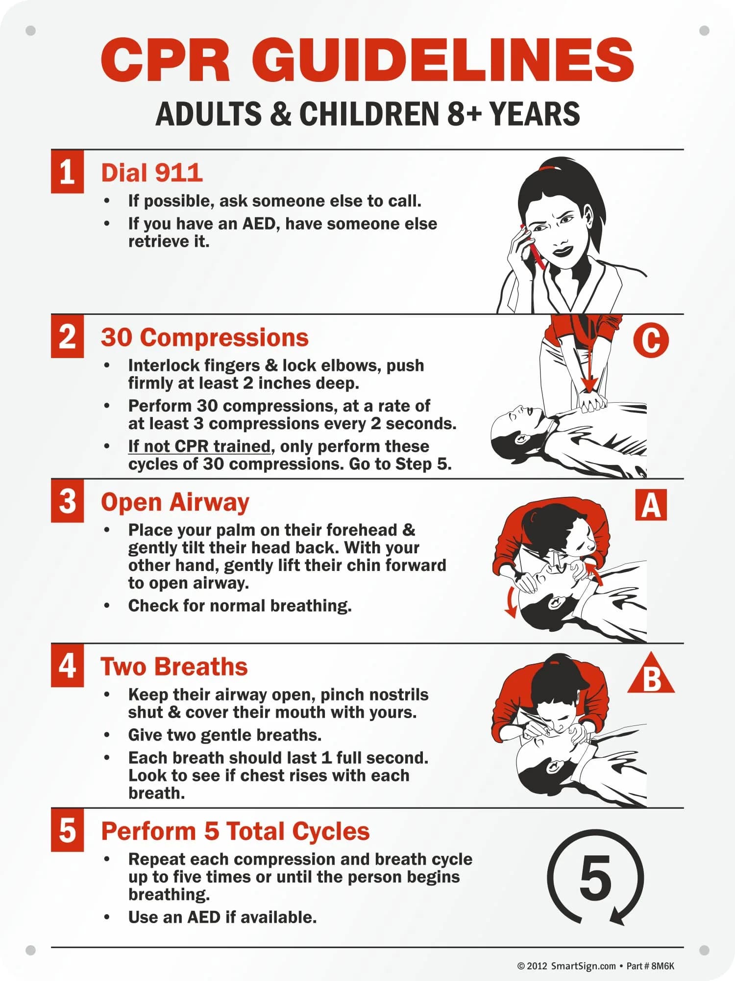 SmartSign CPR Guidelines - Adults & Children 8+ Years Sign | 18" x 24" Aluminum — Black/Red on White