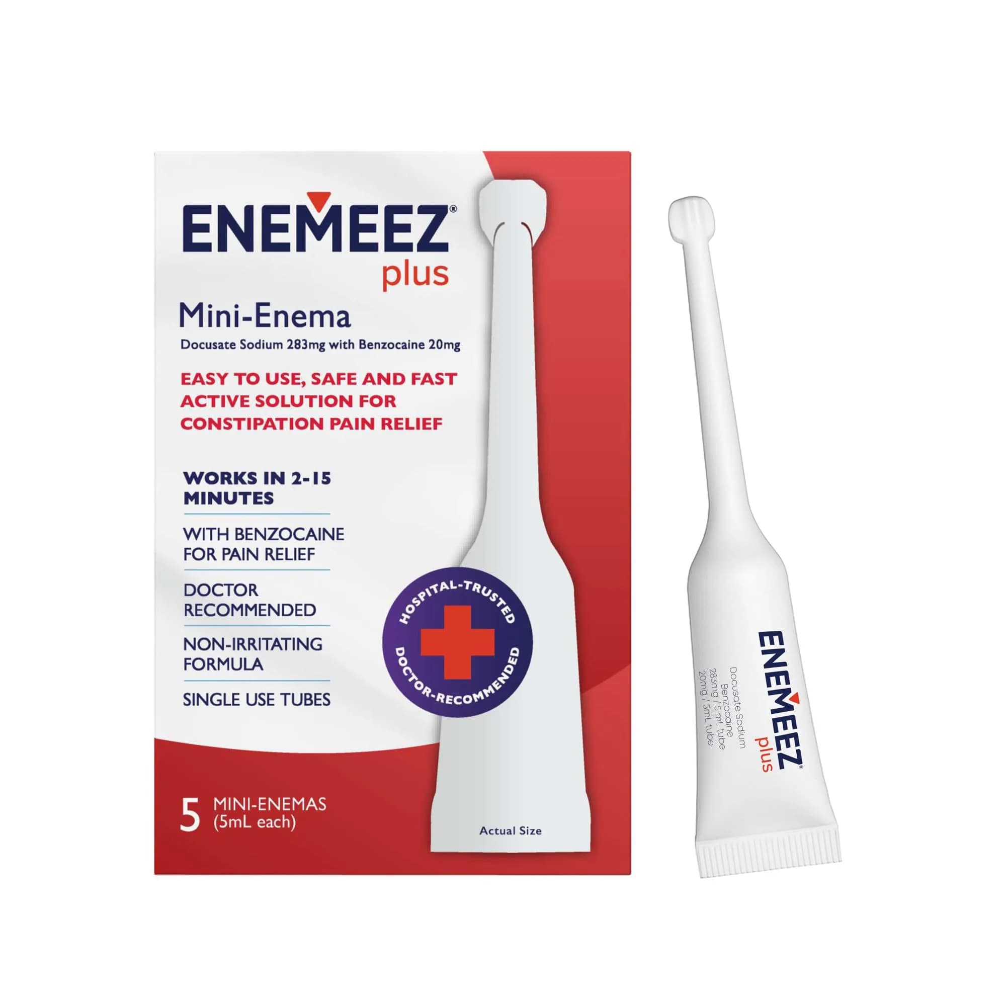 Enemeez Plus Mini-Enemas 5ml | Fast Constipation Relief with Docusate Sodium & Benzocaine — Clear