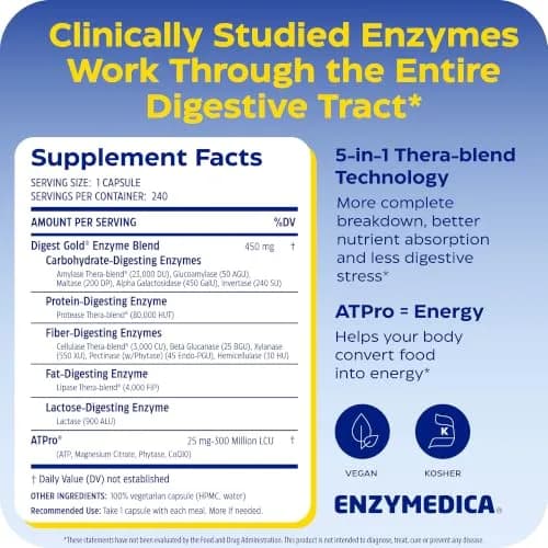 Enzymedica Digest Gold, Maximum Strength, ATPro Energy Support - 240 Caps | Fast Digestive Enzymes for Gas & Bloating thumbnail 2