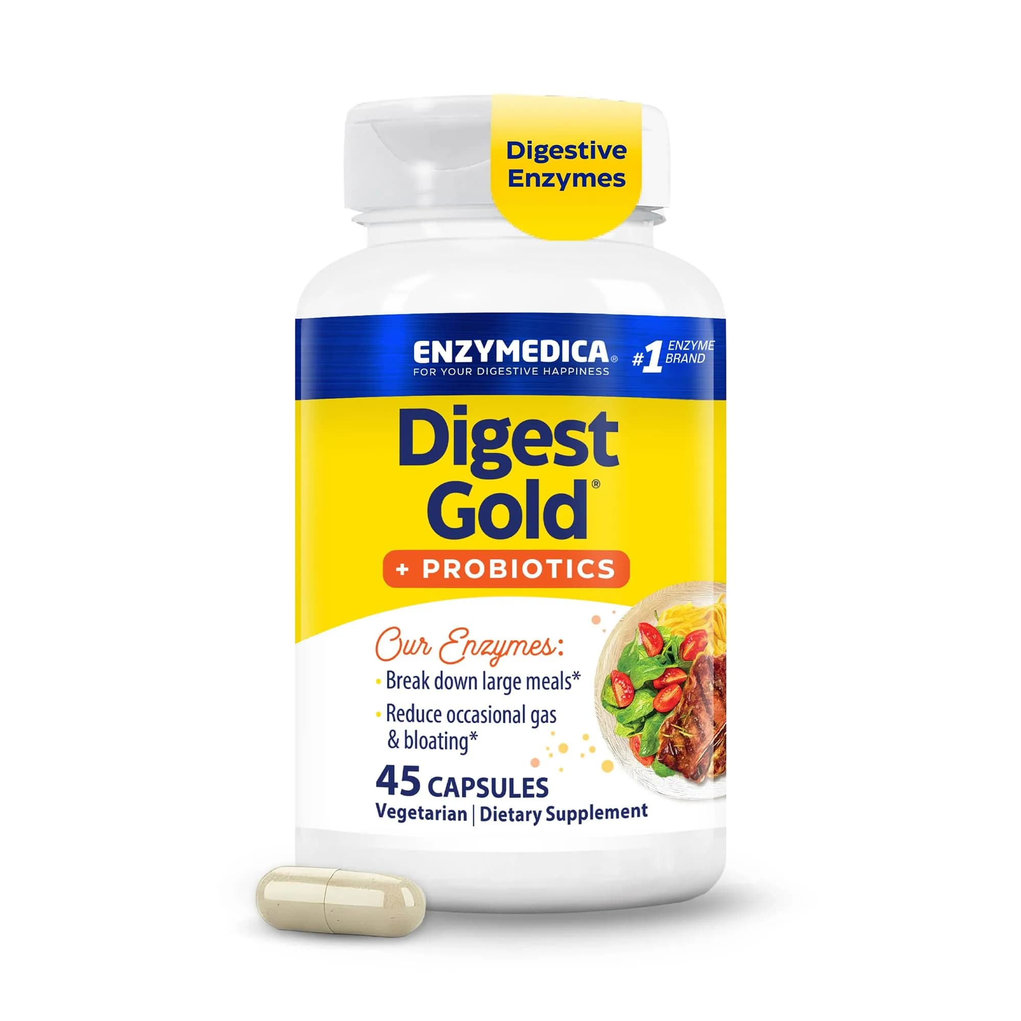 Enzymedica Digest Gold + Probiotics 45 Capsules | Supports Gas & Bloating, Digestive Health — No Color