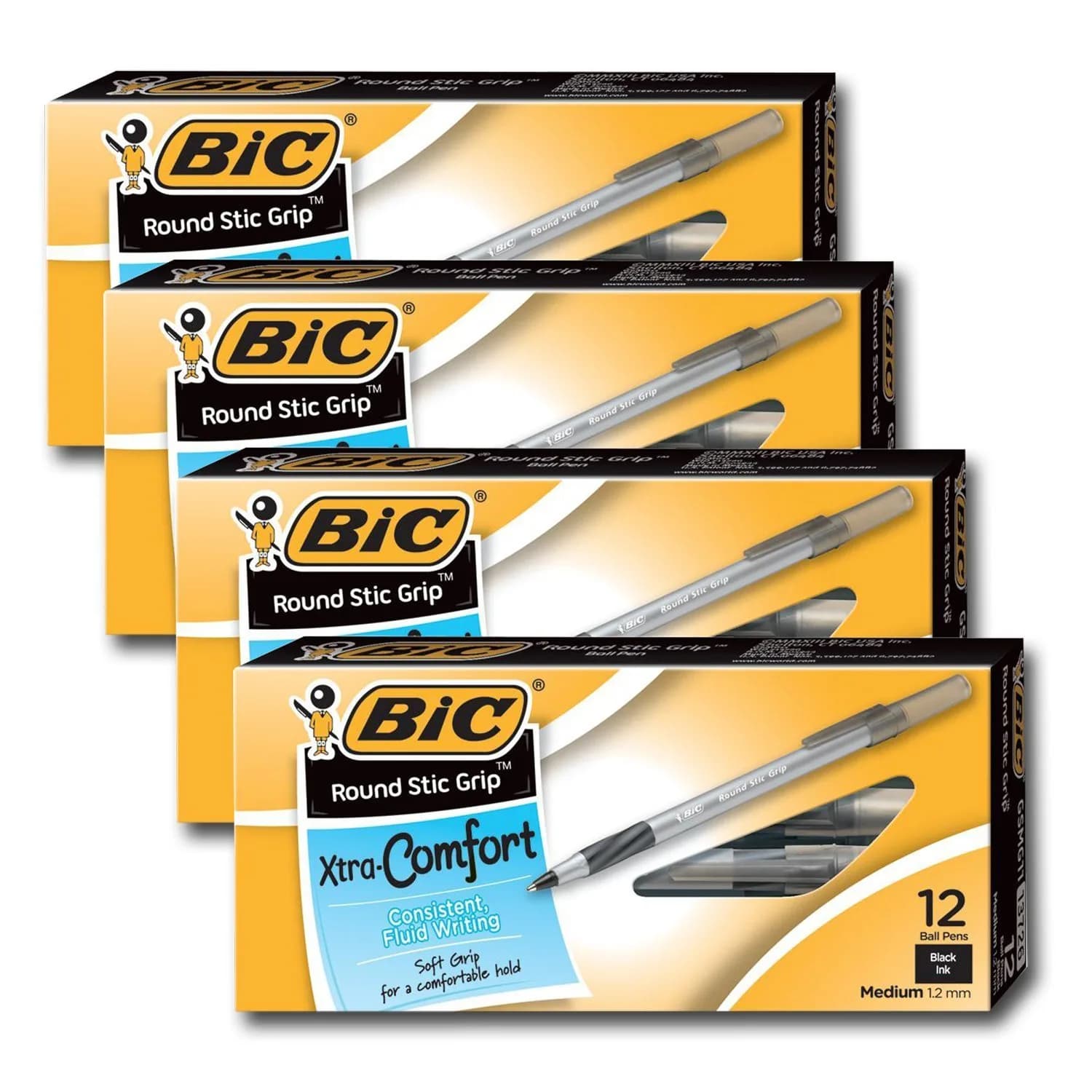 BIC Ultra Round Stic Grip Ball Point Pens, 1.2 mm, Black Ink | Medium Point, Refillable, Pack of 48