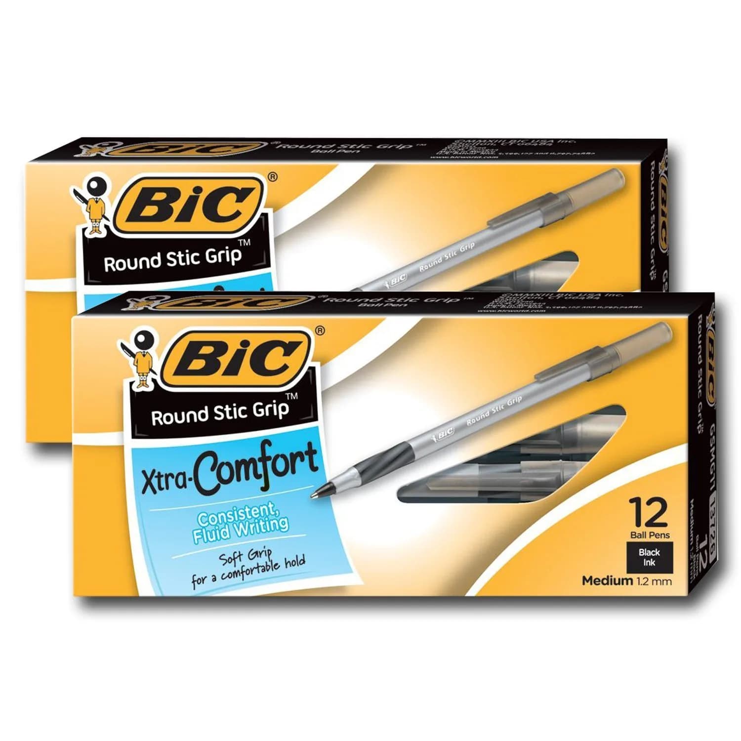 BIC Ultra Round Stic Grip Ball Point Pens, Medium Point, 1.2 mm, Black Ink | Refillable, 24 Pack, Office & School Use