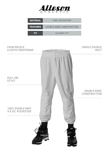 Alleson Athletic Mens Pull-On Baseball Pant, Grey, Small | Durable Polyester, Moisture-Wicking Fit thumbnail 2