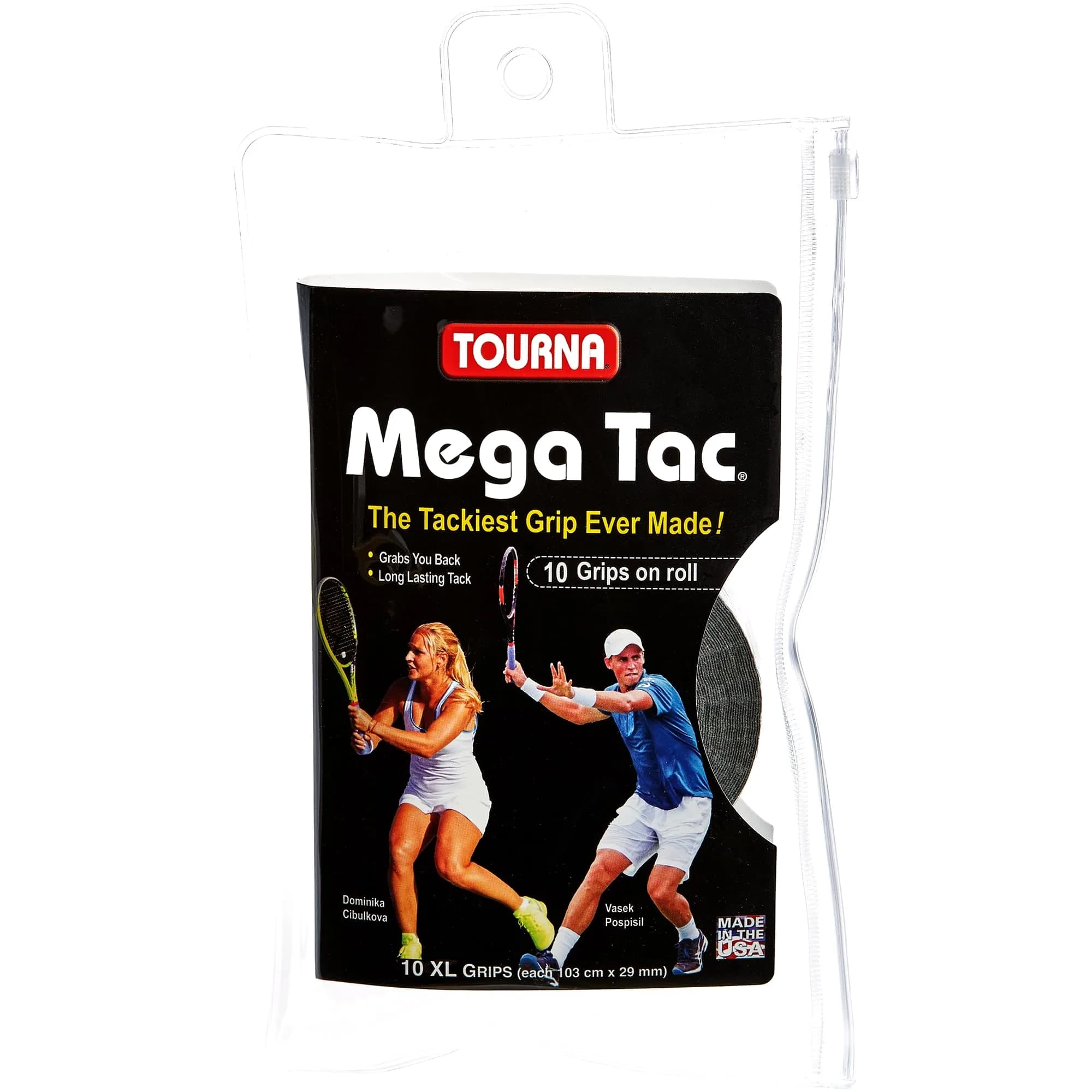 Tourna Mega Tac Extra Tacky Overgrip White 10-Pack | Long-Lasting Tacky Feel for Tennis, Pickleball, Badminton — Black