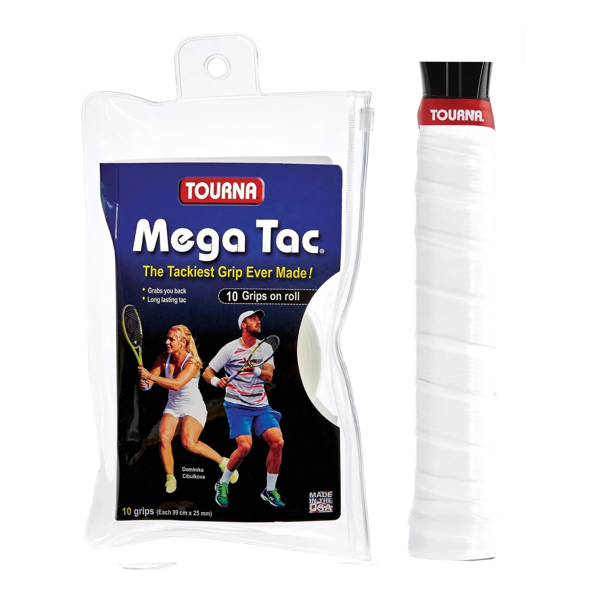 Tourna Mega Tac Extra Tacky Overgrip White 10-Pack | Long-Lasting Tacky Feel for Tennis, Pickleball, Badminton — White