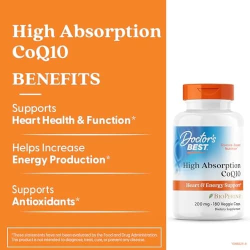 Doctor's Best High Absorption CoQ10 200mg with BioPerine Supplement - Coenzyme Q10 Caps for Heart Health & Antioxidant Support, CoQ10 200 mg for Women & Men, Non GMO - 180 Veg Capsules thumbnail 2