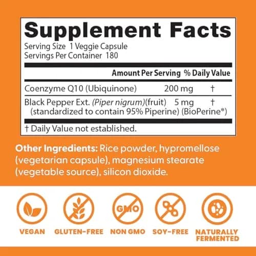 Doctor's Best High Absorption CoQ10 200mg with BioPerine Supplement - Coenzyme Q10 Caps for Heart Health & Antioxidant Support, CoQ10 200 mg for Women & Men, Non GMO - 180 Veg Capsules thumbnail 3