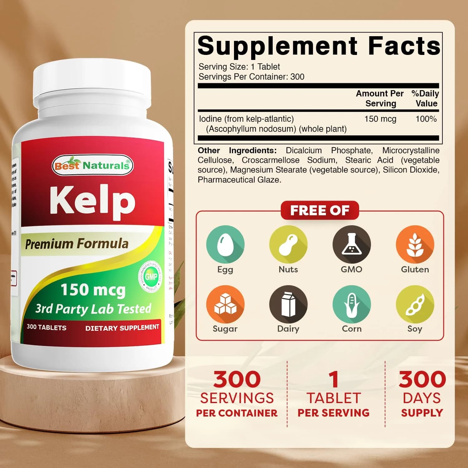 Best Naturals Kelp Supplement Tablets 150 Mcg (300 Count) | 300 Tablets for Thyroid Support - view 2