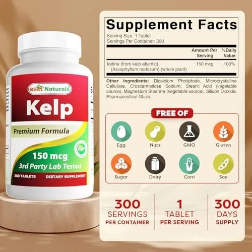 Best Naturals Kelp Supplement Tablets 150 Mcg (300 Count) | 300 Tablets for Thyroid Support thumbnail 2