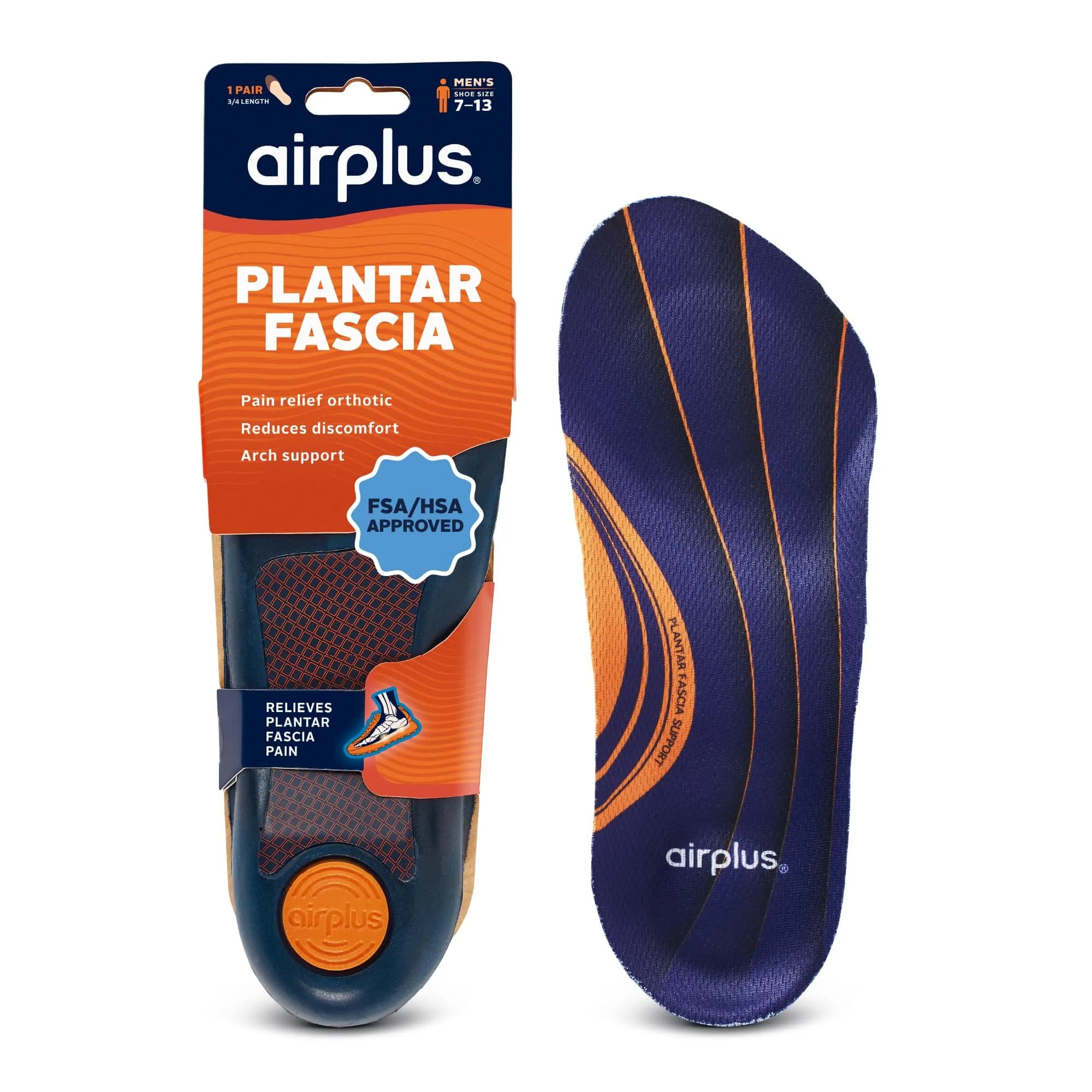 Airplus Plantar Fasciitis Orthotic 3/4 Length Shoe Insole - Men's 7-12 (22.5cm L x 8.7cm W x 1.9cm H) | APMA Certified for Foot Health — Blue