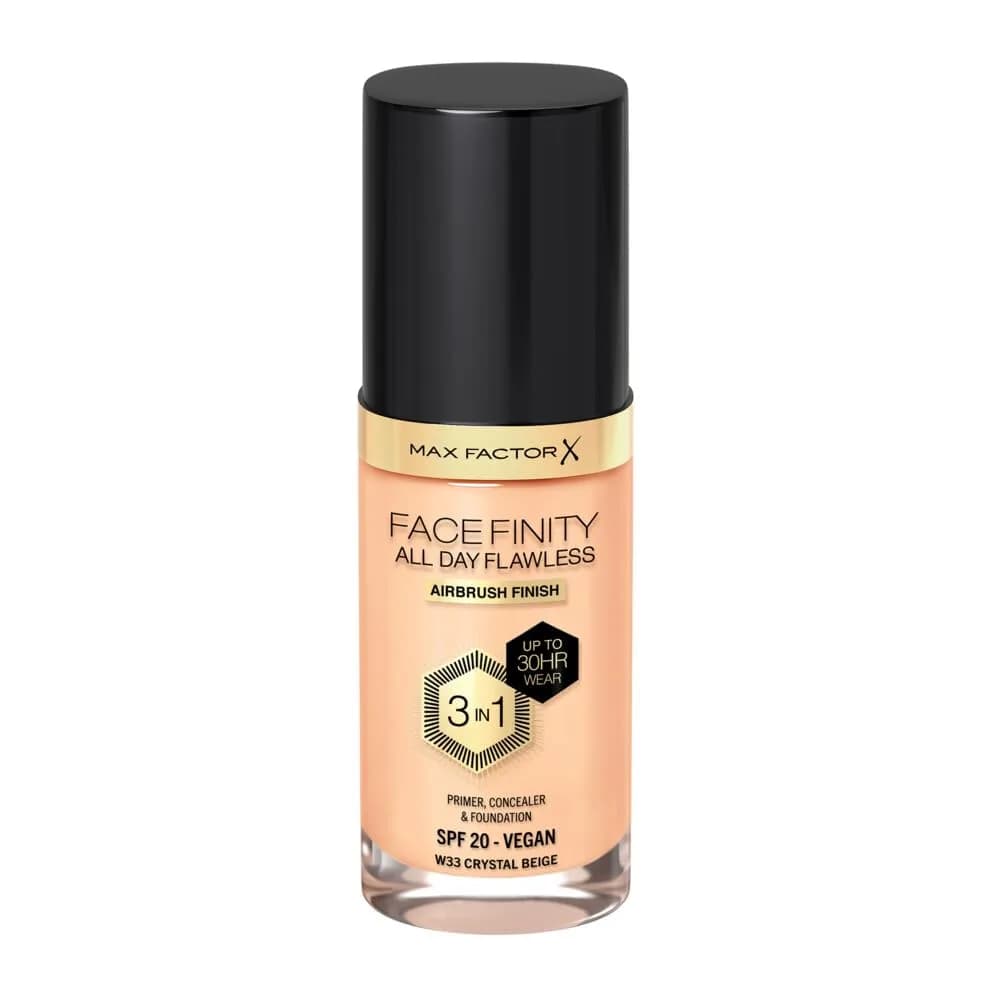 Max Factor Facefinity All Day Flawless 3 In 1 Foundation SPF 20, No. 33 Crystal Beige 30ml (1.01 Fl Oz) | Flawless Matte Finish — No. 33 Crystal Beige