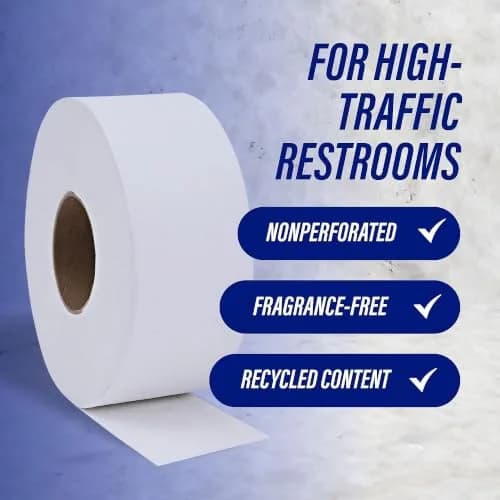 Genuine Joe Jumbo Roll Bath Tissue - 2-Ply White Toilet Paper, 3.3" x 650' per Roll, 12 Count Bulk Pack, Recycled Fiber, Commercial Grade for Dispensers thumbnail 4