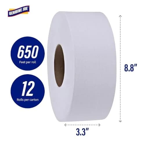 Genuine Joe Jumbo Roll Bath Tissue - 2-Ply White Toilet Paper, 3.3" x 650' per Roll, 12 Count Bulk Pack, Recycled Fiber, Commercial Grade for Dispensers thumbnail 2