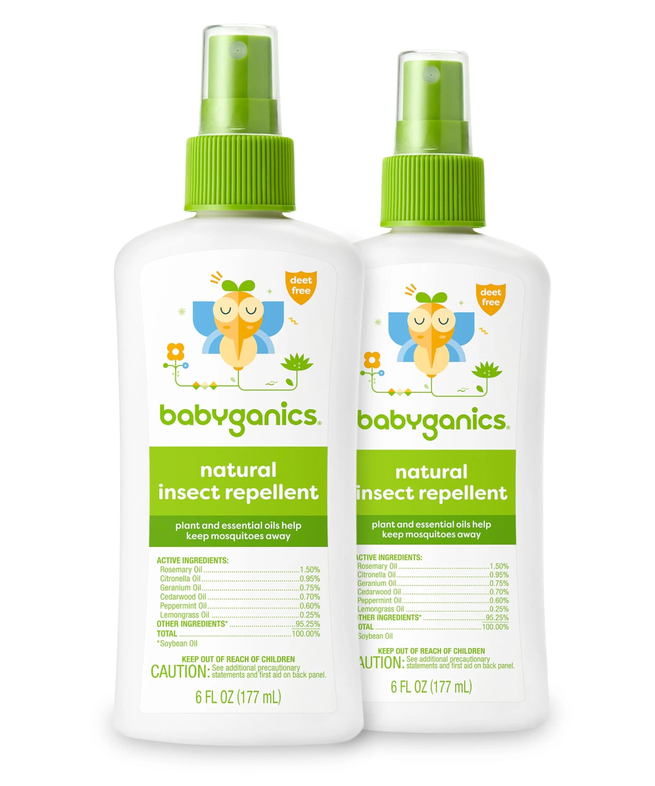 Babyganics Insect Spray, 6 Fl Oz (177 ml) x 2 Bottles | Natural Plant-Based Repellent