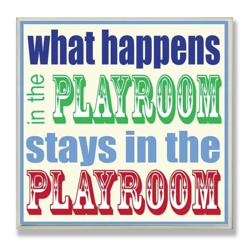 The Kids Room by Stupell What Happens in The Playroom Square Wall Plaque | Colorful Nursery Wall Decor, 12 x 0.5 x 12 Inches thumbnail 1