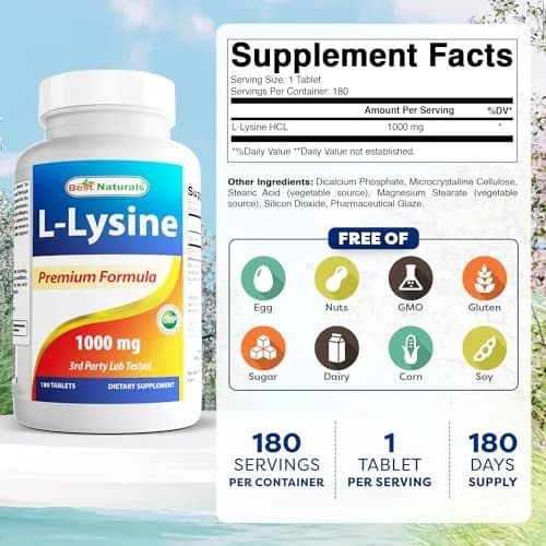 Best Naturals L-Lysine 1000mg 180 Tablets | Supports Immune & Cold Sore Recovery thumbnail 2