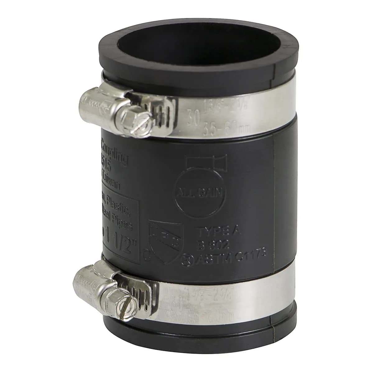 SUPPLYGIANT Flexible PVC Coupling with Stainless Steel Clamps, 1.9" (4.8cm) Inner Diameter for 1-1/2" Nominal Pipe, Black | ASTM C1173 Certified