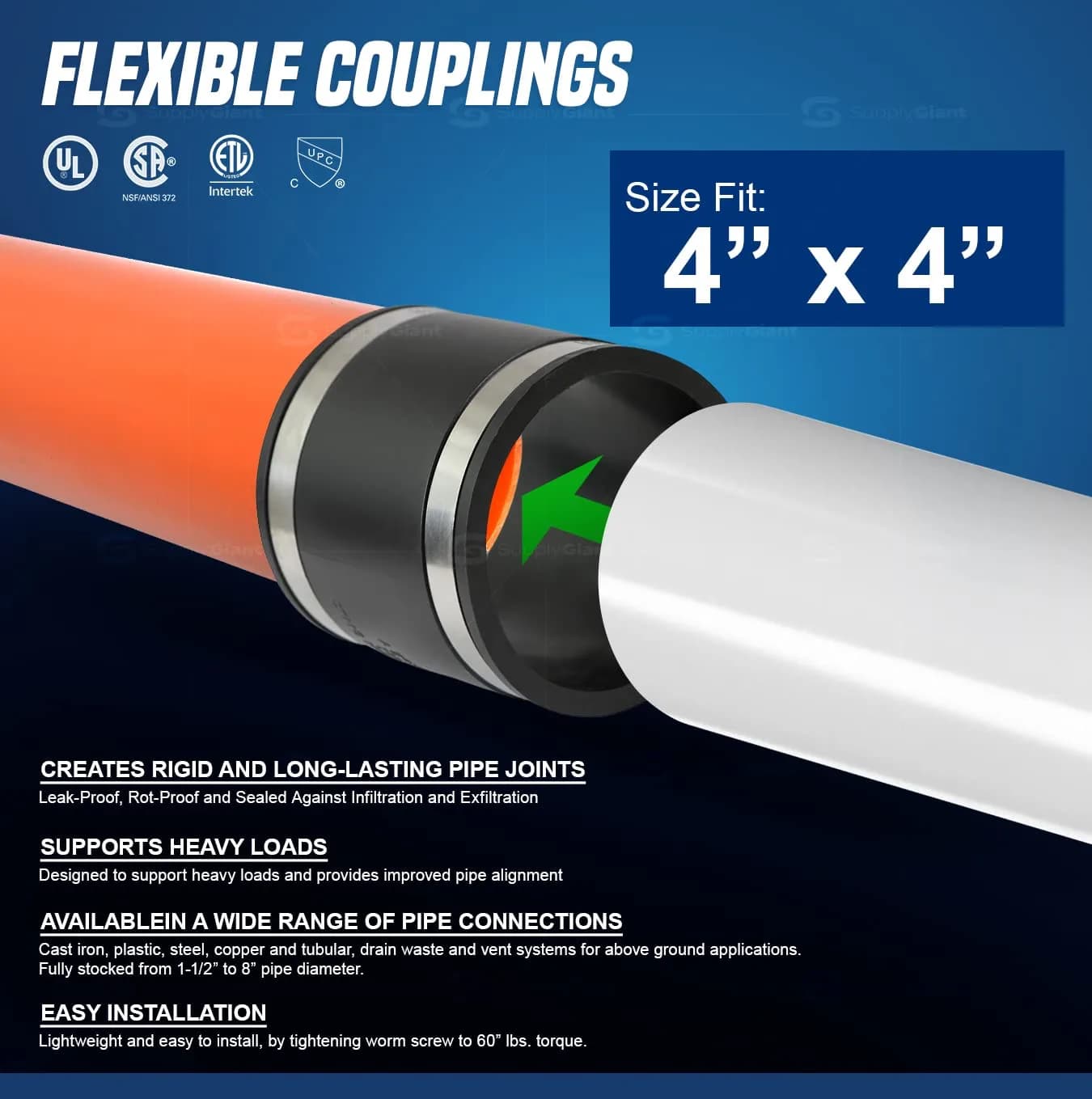 SUPPLYGIANT Flexible PVC Coupling With Stainless Steel Clamps 4 Inch (10.16 cm) | For Sewer & Plumbing Contractors - view 3