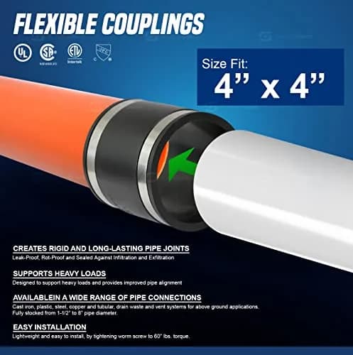 SUPPLYGIANT Flexible PVC Coupling With Stainless Steel Clamps 4 Inch (10.16 cm) | For Sewer & Plumbing Contractors thumbnail 3