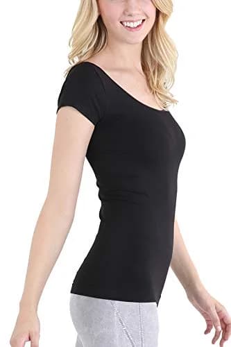 NIKIBIKI Women Seamless Cap Sleeve Scoop Neck Fitted Top | Made in USA, One Size (Black) thumbnail 3