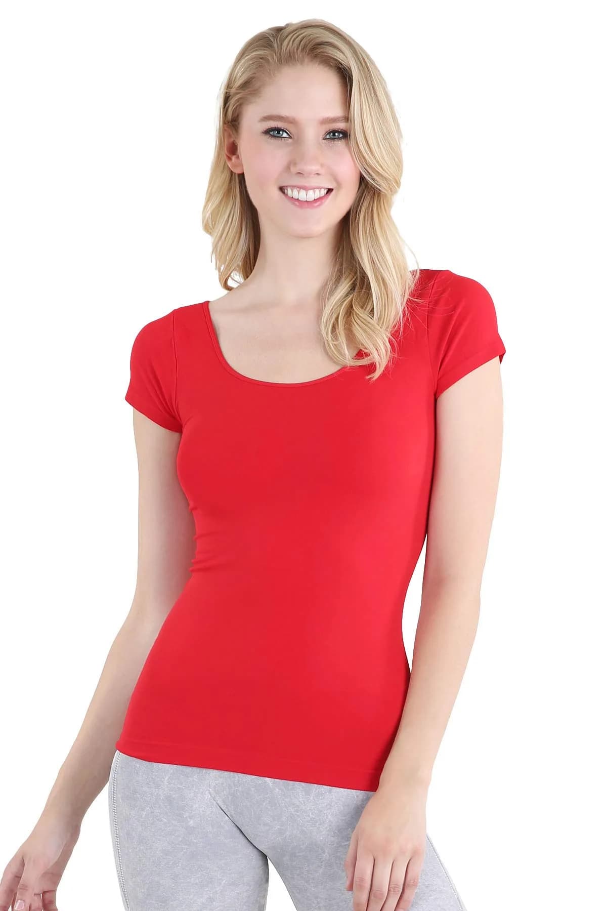 NIKIBIKI Women Seamless Cap Sleeve Scoop Neck Fitted Top, Made in USA, One Size (Red) | Versatile Seamless Tank for Women — Red