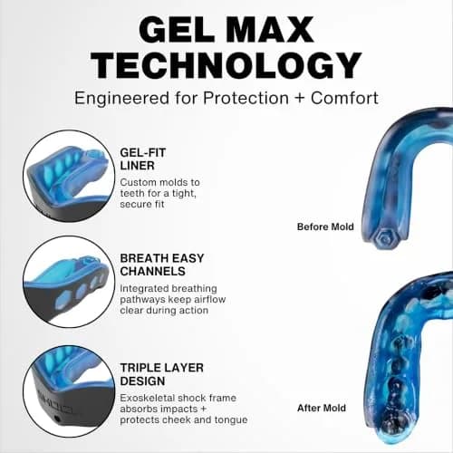 Shock Doctor Gel Max Youth Mouth Guard with Strap, Blue, Unflavored, 1 Count | Heavy Duty Protection & Custom Fit thumbnail 5