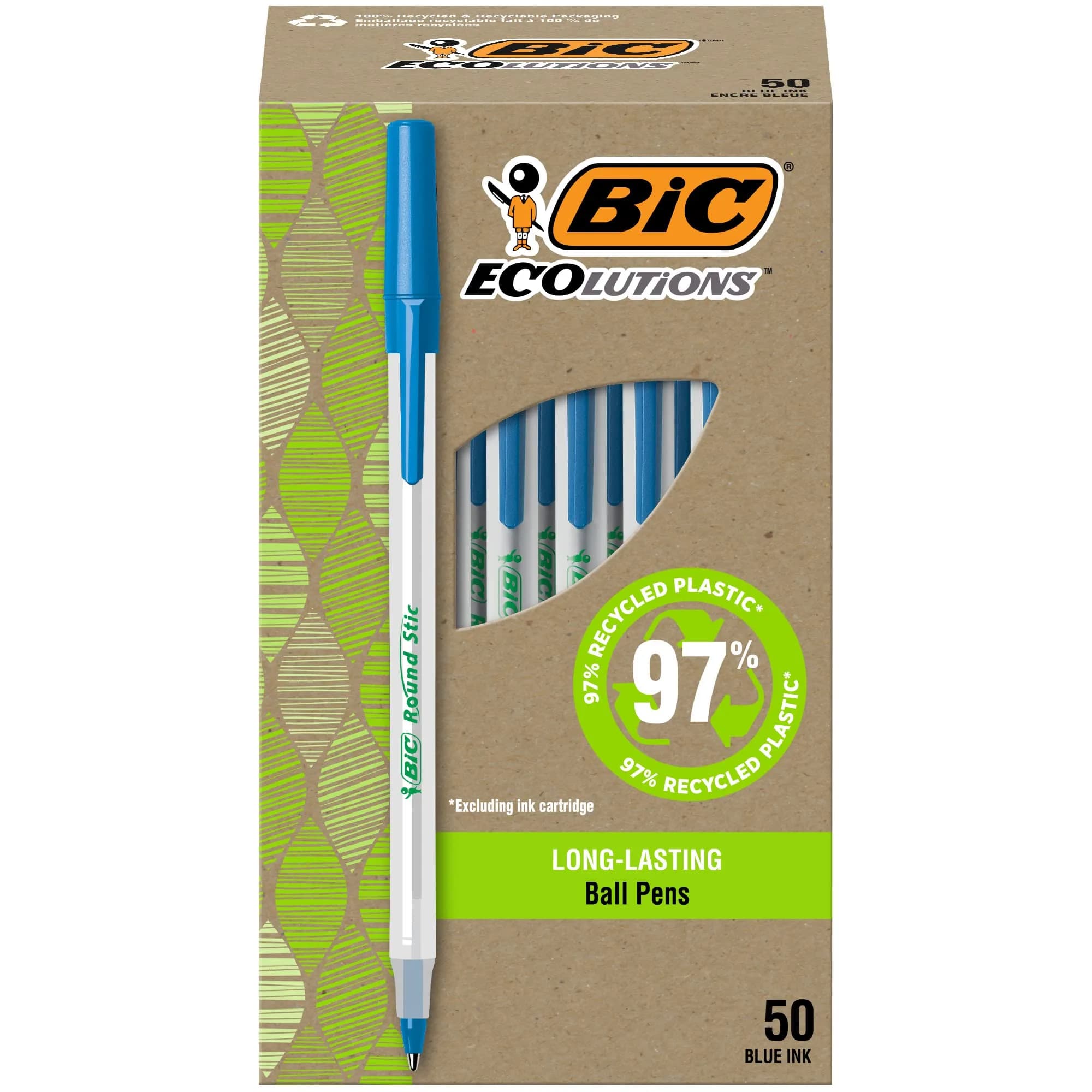 BIC Ecolutions Round Stic Ballpoint Pens, Medium Point (1.0mm), 50-Count Pack, Blue Ink Pens | Smooth Writing - main product image