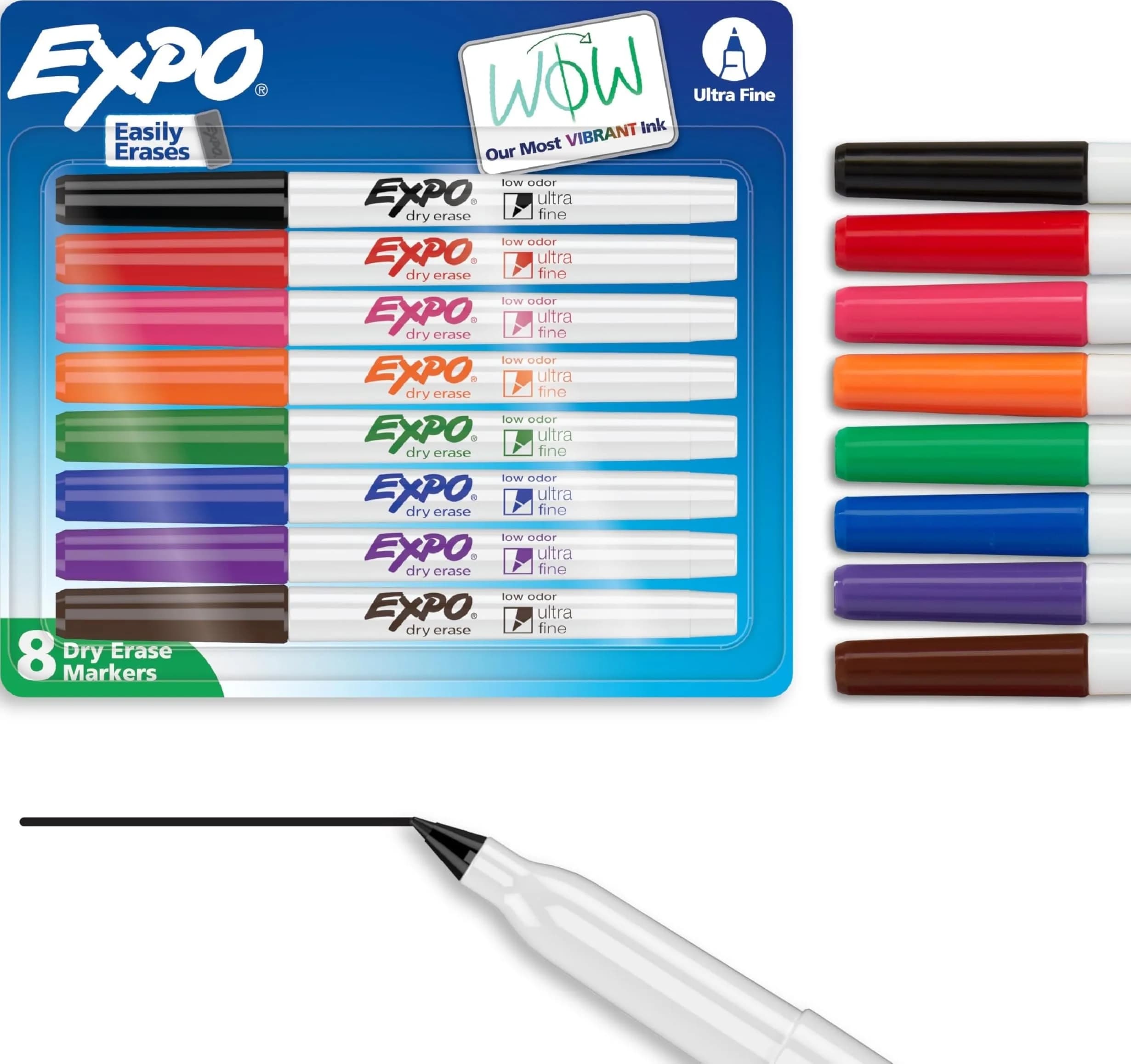 EXPO Low Odor Dry Erase Markers, Ultra Fine Tip, 8 Count Assorted Colors | Precise Marking for Whiteboards & Non-Porous Surfaces