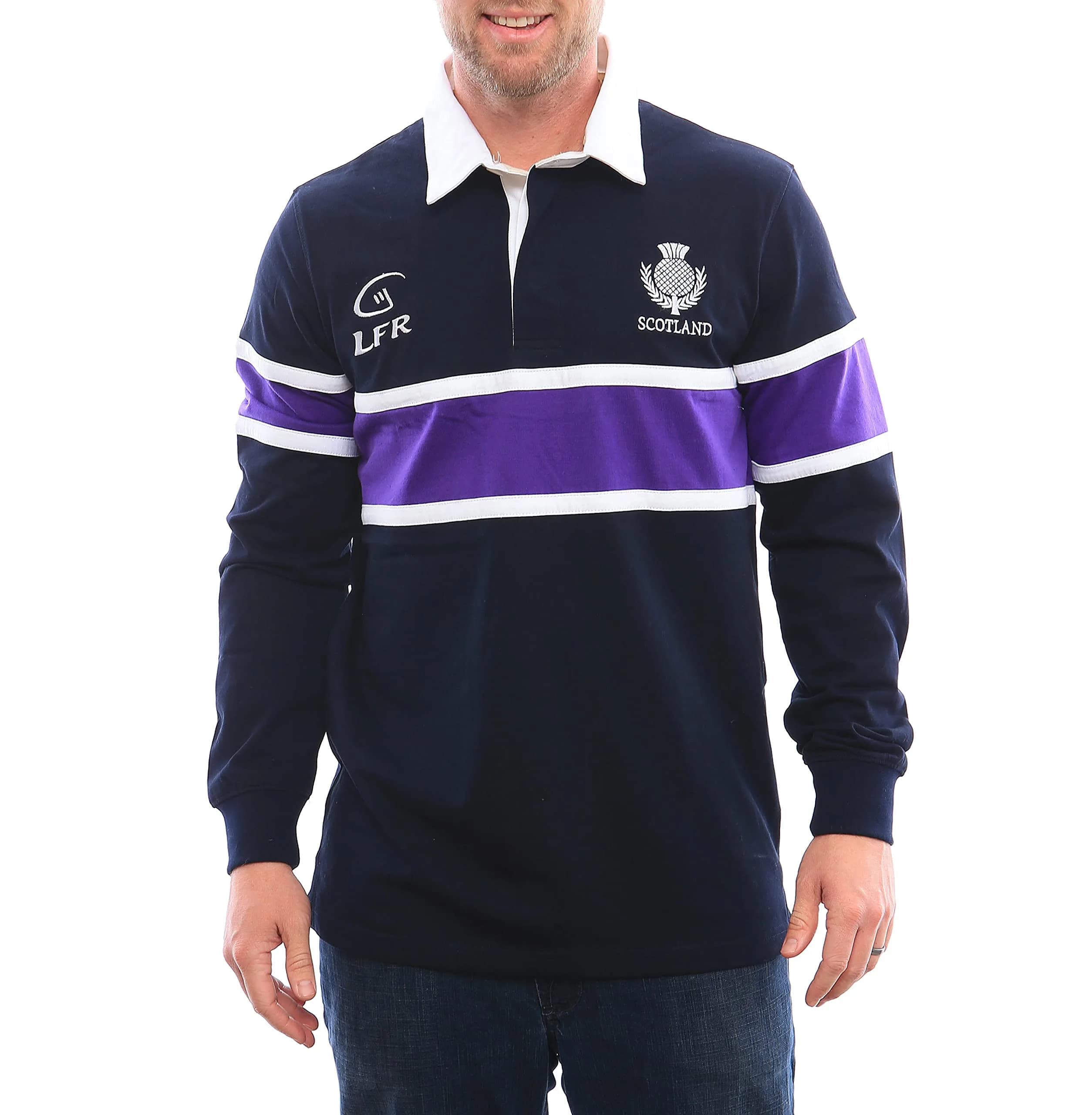LIVE FOR RUGBY Scotland Thistle Long Sleeve Rugby Jersey, Navy, Large | Classic Scottish Heritage Design