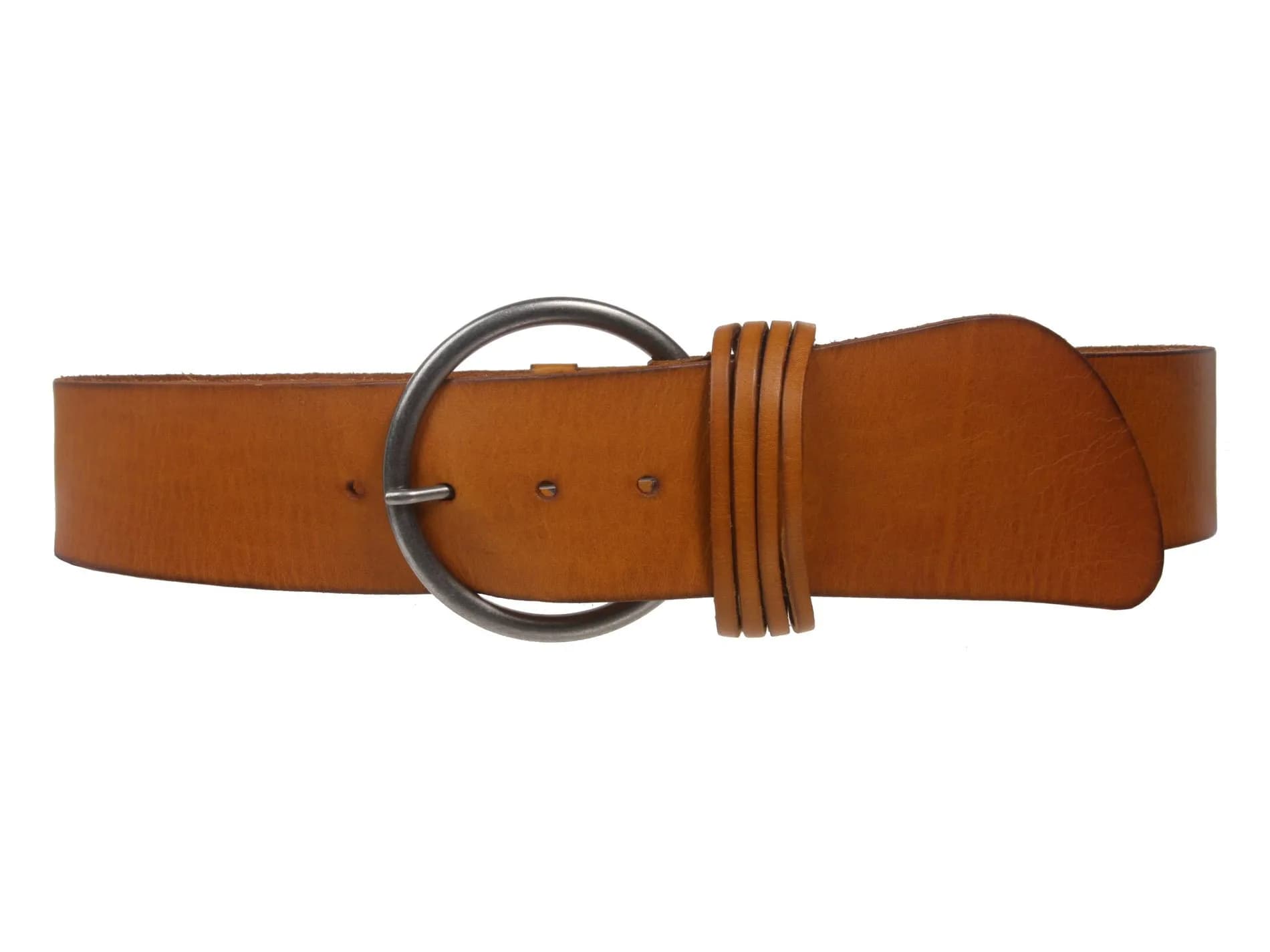 Beltiscool Women's High Waist Round Full Grain Taper Leather Belt, light tan/silver | S/M- 32"