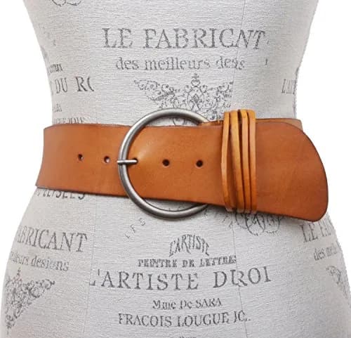 Beltiscool Women's High Waist Round Full Grain Taper Leather Belt, light tan/silver | S/M- 32" thumbnail 2