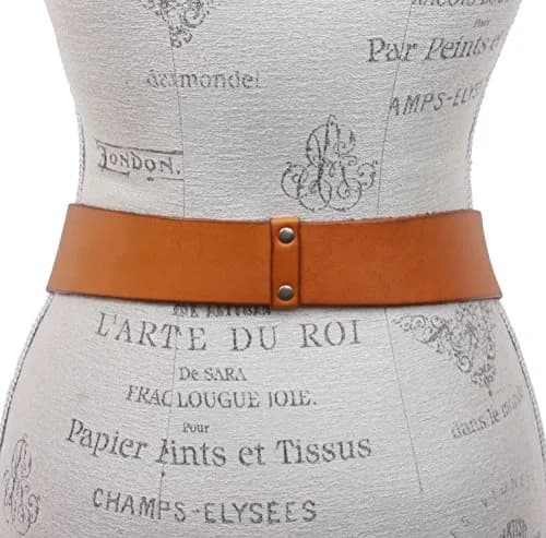 Beltiscool Women's High Waist Round Full Grain Taper Leather Belt, light tan/silver | S/M- 32" thumbnail 3