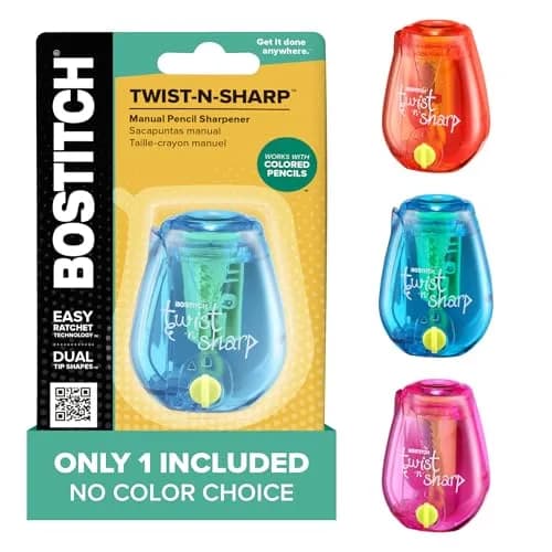 Bostitch Office Twist-n-Sharp Manual Pencil Sharpener, 1 Pack, Assorted Color | Ratchet Technology for Perfect Points thumbnail 1