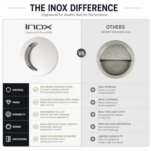 INOX FHIX02-32 Concealed Fixing Round Pocket/Cup Pull 3-9/16 inch | Polished Stainless Steel Handle thumbnail 7