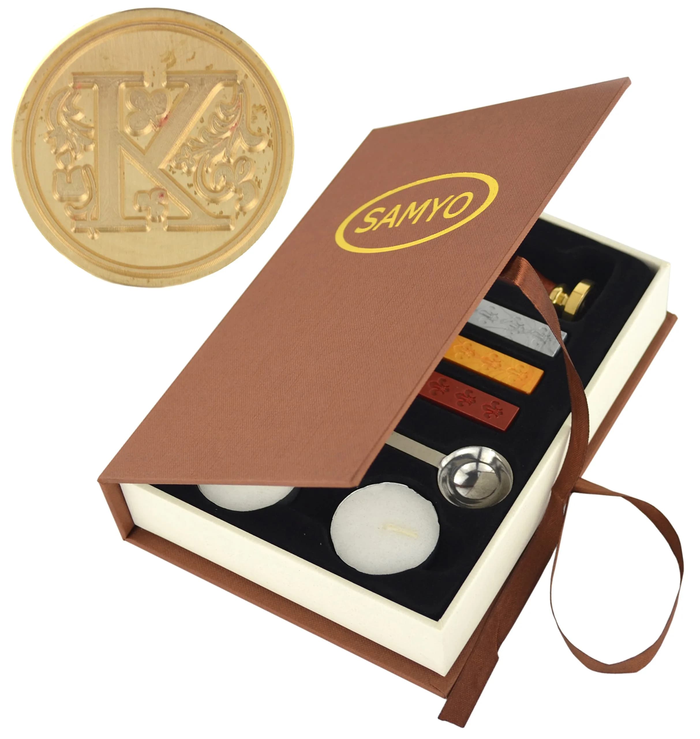 SAMYO Wax Seal Stamp Kit Retro Creative Sealing Wax Stamp Maker Gift Box Set Brass Color Head with Vintage Classic Alphabet Initial Letter (K) | Elegant Letter K Seal