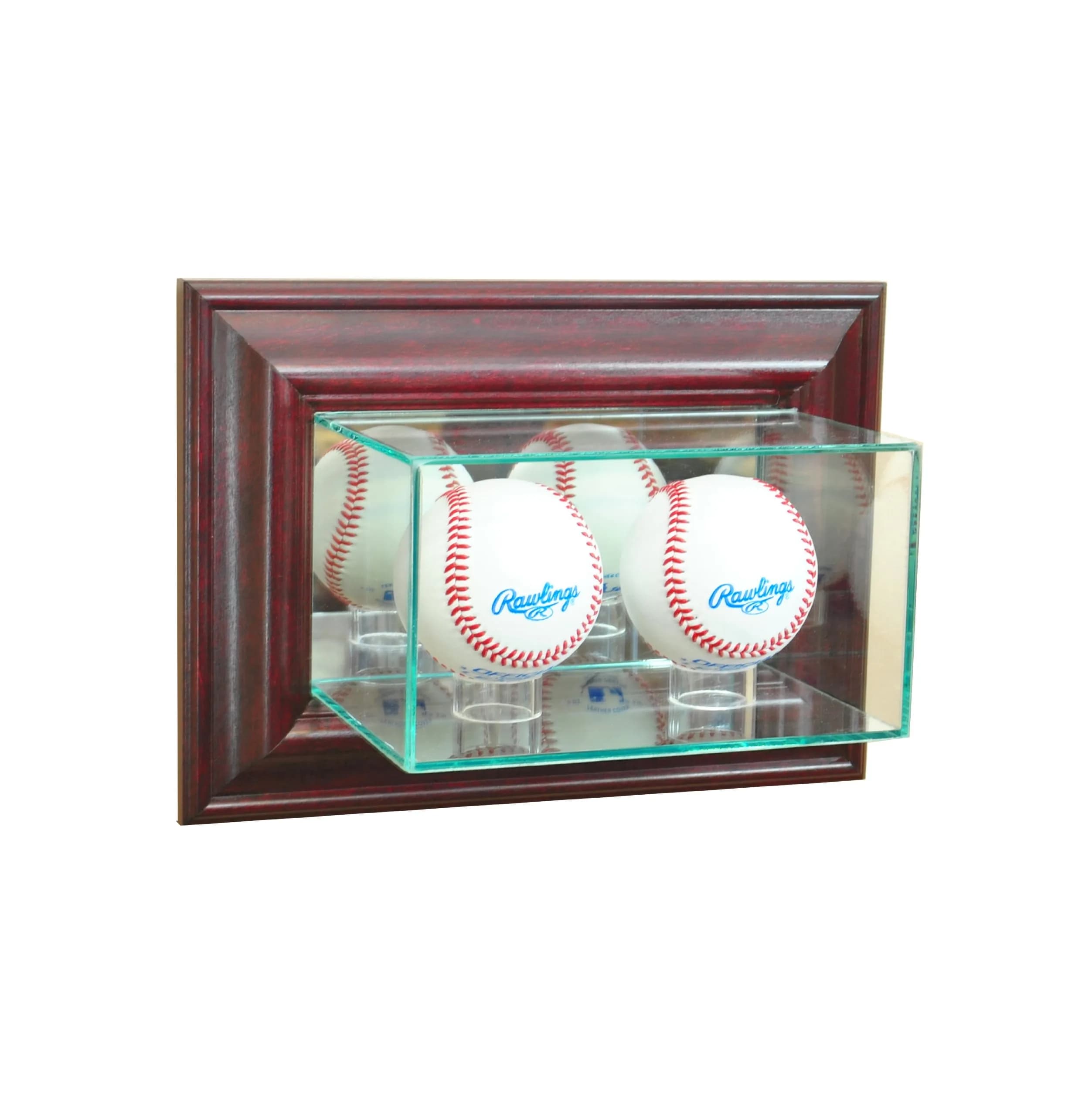 Perfect Cases MLB Wall Mounted Double Baseball Glass Display Case, Cherry | UV Protected Glass & Real Wood Molding — Cherry
