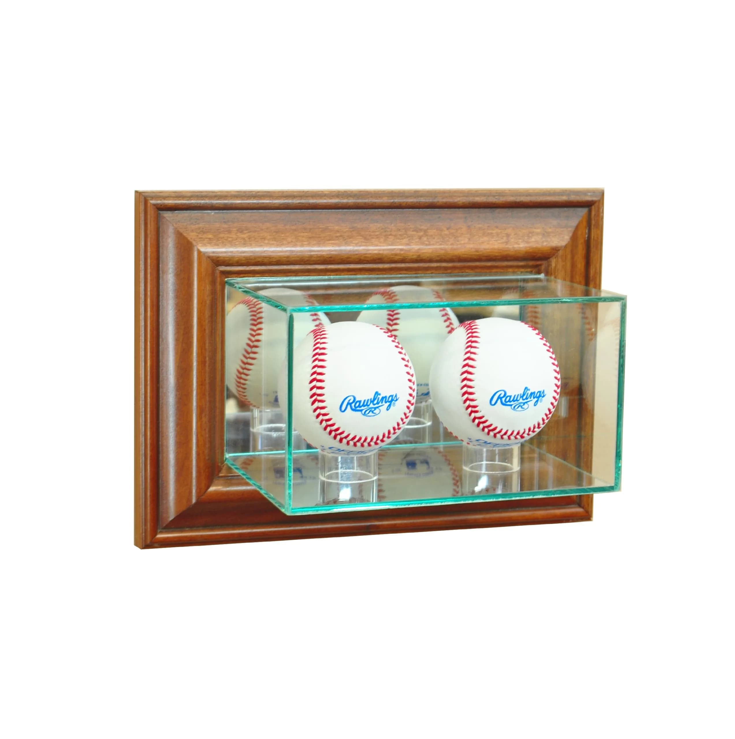 Perfect Cases MLB Wall Mounted Double Baseball Glass Display Case, Walnut | UV Protected, Real Wood Molding — Walnut