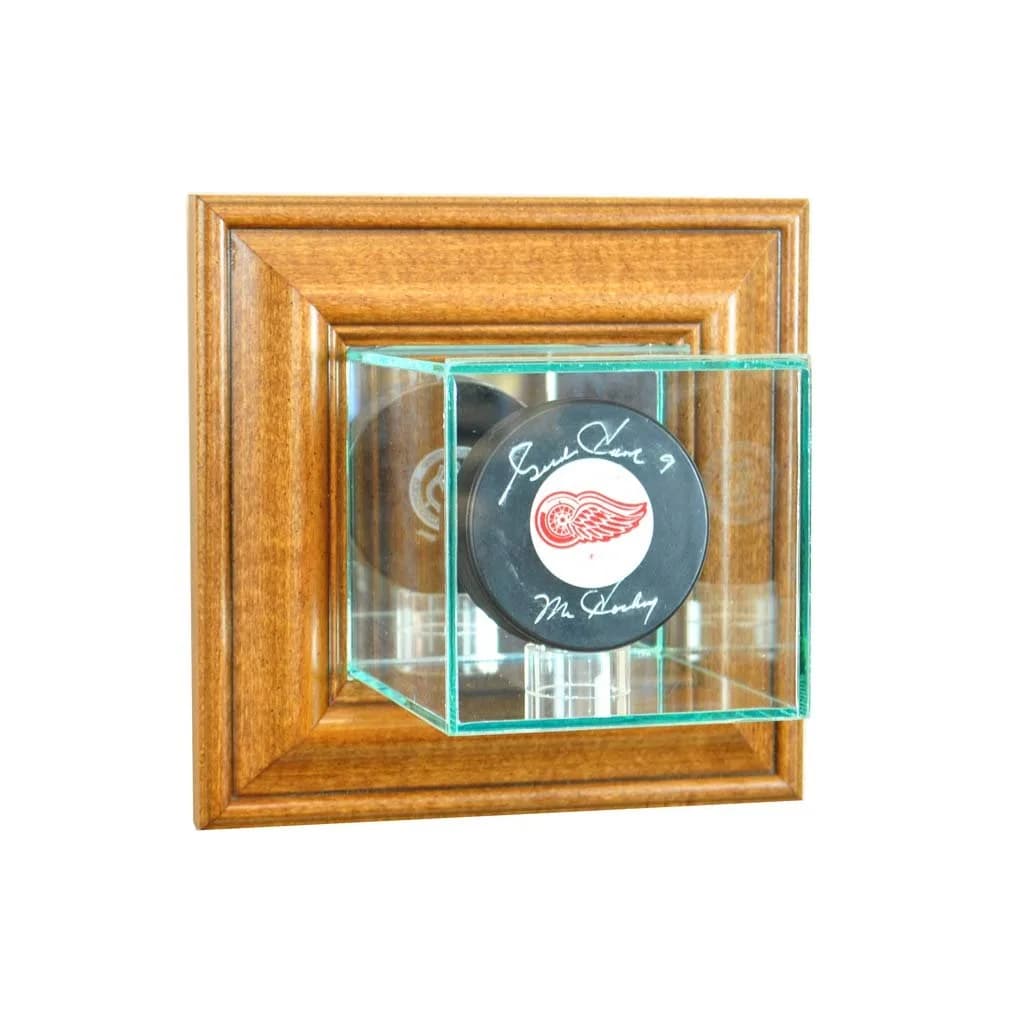 Perfect Cases NHL Wall Mounted Single Puck Glass Display Case, Black | 10.16cm x 10.16cm x 12.7cm (4" x 4" x 5") — Walnut