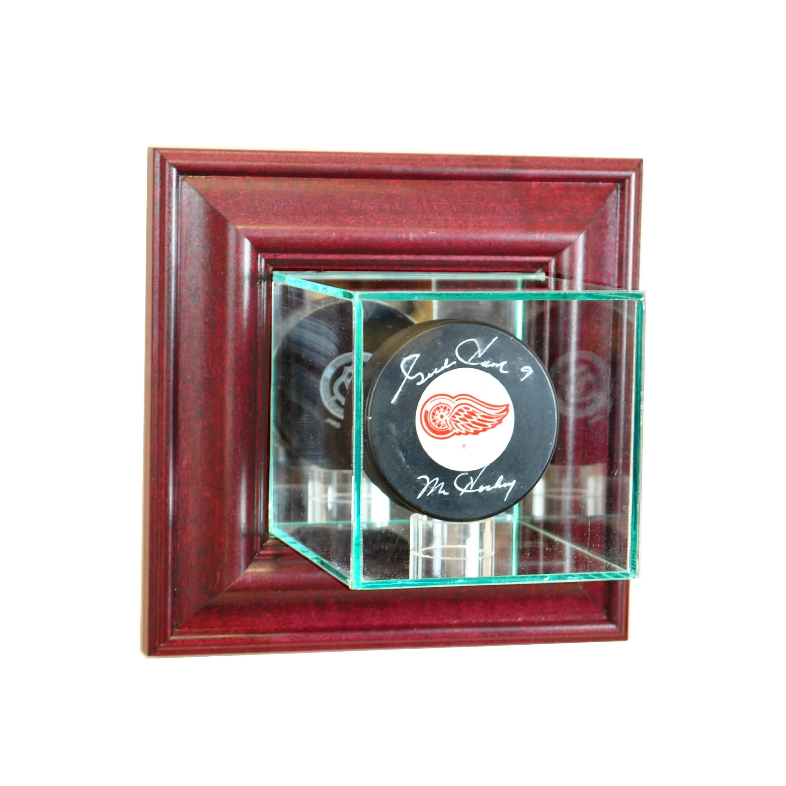 Perfect Cases NHL Wall Mounted Single Puck Glass Display Case with UV Protection, Cherry (10.16cm x 10.16cm x 12.7cm) - main product image