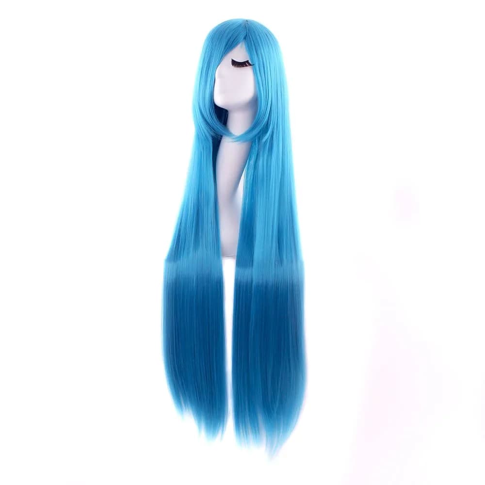 MapofBeauty 40 Inch Oblique Bangs Anime Long Straight Wig, Cyan Blue | 100cm Heat-Resistant Synthetic Hair — Cyan Blue