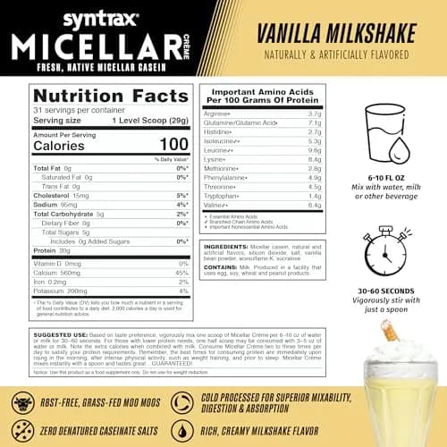 Syntrax Micellar Creme Vanilla Milkshake 2 lbs. Native Micellar Casein | Pure, Creamy, Instant Mix for Recovery thumbnail 3