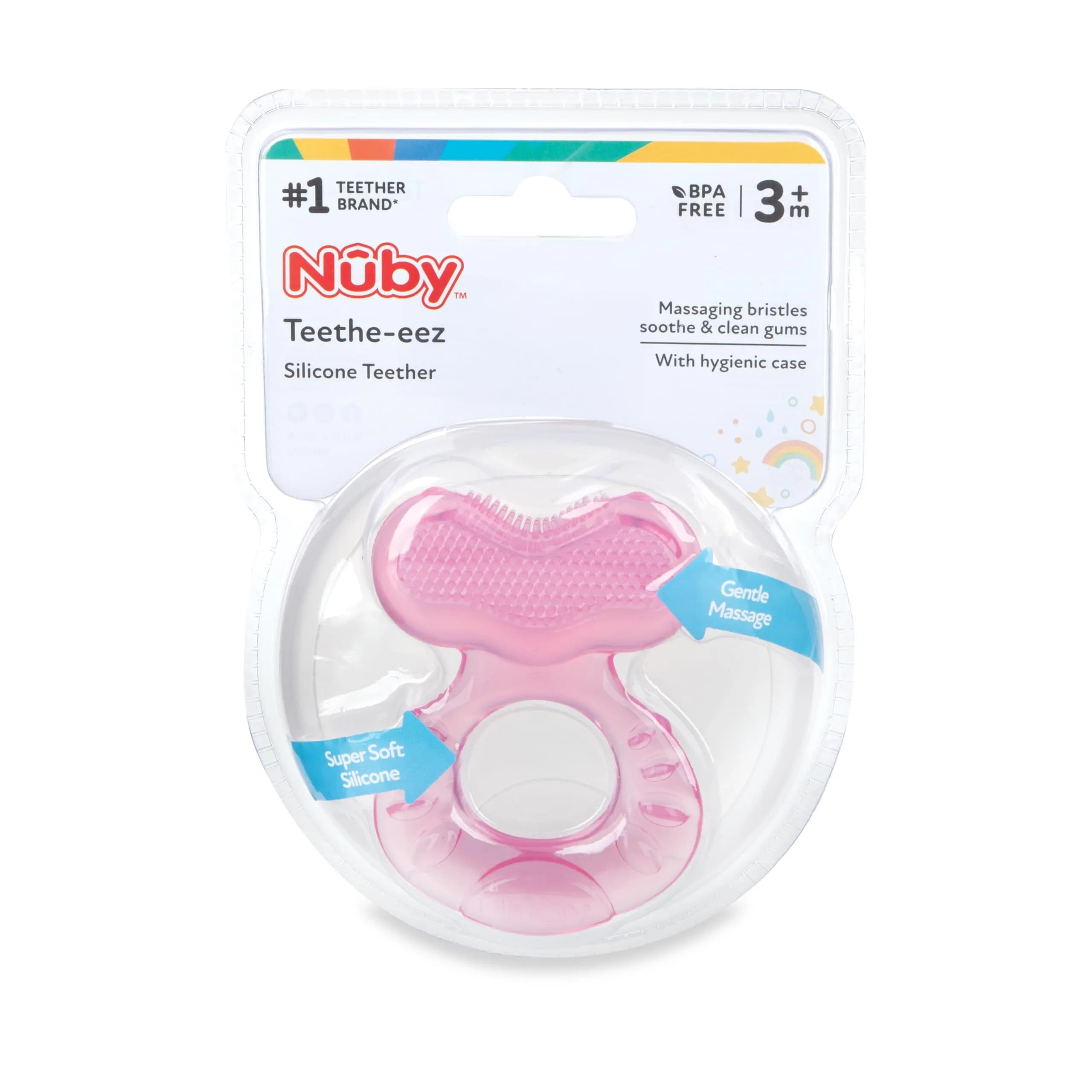 Nuby Teethe-EEZ Baby Teether with Soothing Bristles & Travel Case, Pink | BPA-Free Silicone Teether for Babies 3+ Months - view 5