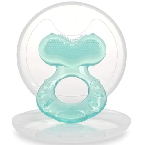 Nuby Teethe-EEZ Baby Teether with Soothing Bristles & Travel Case, Aqua | BPA-Free Silicone Teether for Babies 3+ Months thumbnail 1