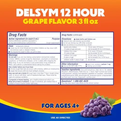 Delsym 12 Hour Cough Medicine for Adults | Powerful Relief with Extended-Release Dextromethorphan, Grape Flavor, 3 Fl Oz thumbnail 5