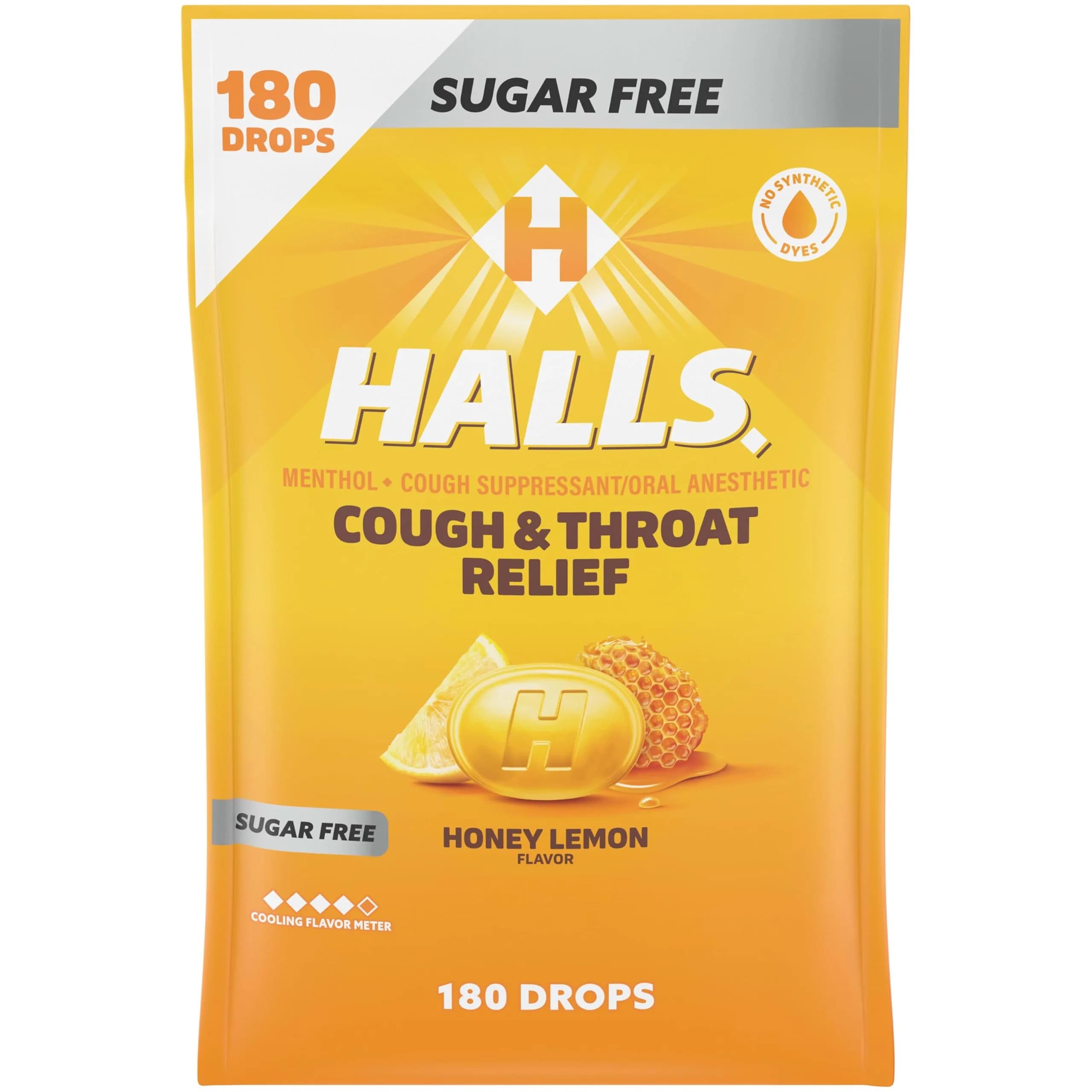HALLS Cough & Throat Relief Honey Lemon Sugar Free Cough Drops 180 ct | Menthol 7.6mg per drop for Sore Throat & Cough - main product image