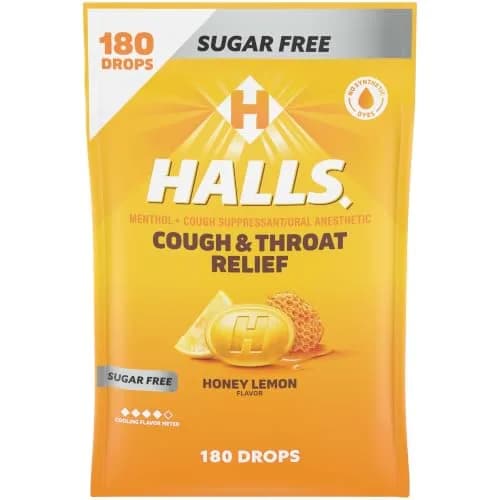 HALLS Cough & Throat Relief Honey Lemon Sugar Free Cough Drops 180 ct | Menthol 7.6mg per drop for Sore Throat & Cough thumbnail 1