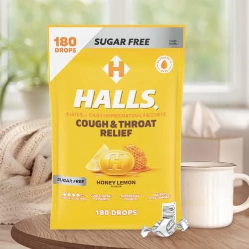 HALLS Cough & Throat Relief Honey Lemon Sugar Free Cough Drops 180 ct | Menthol 7.6mg per drop for Sore Throat & Cough thumbnail 8