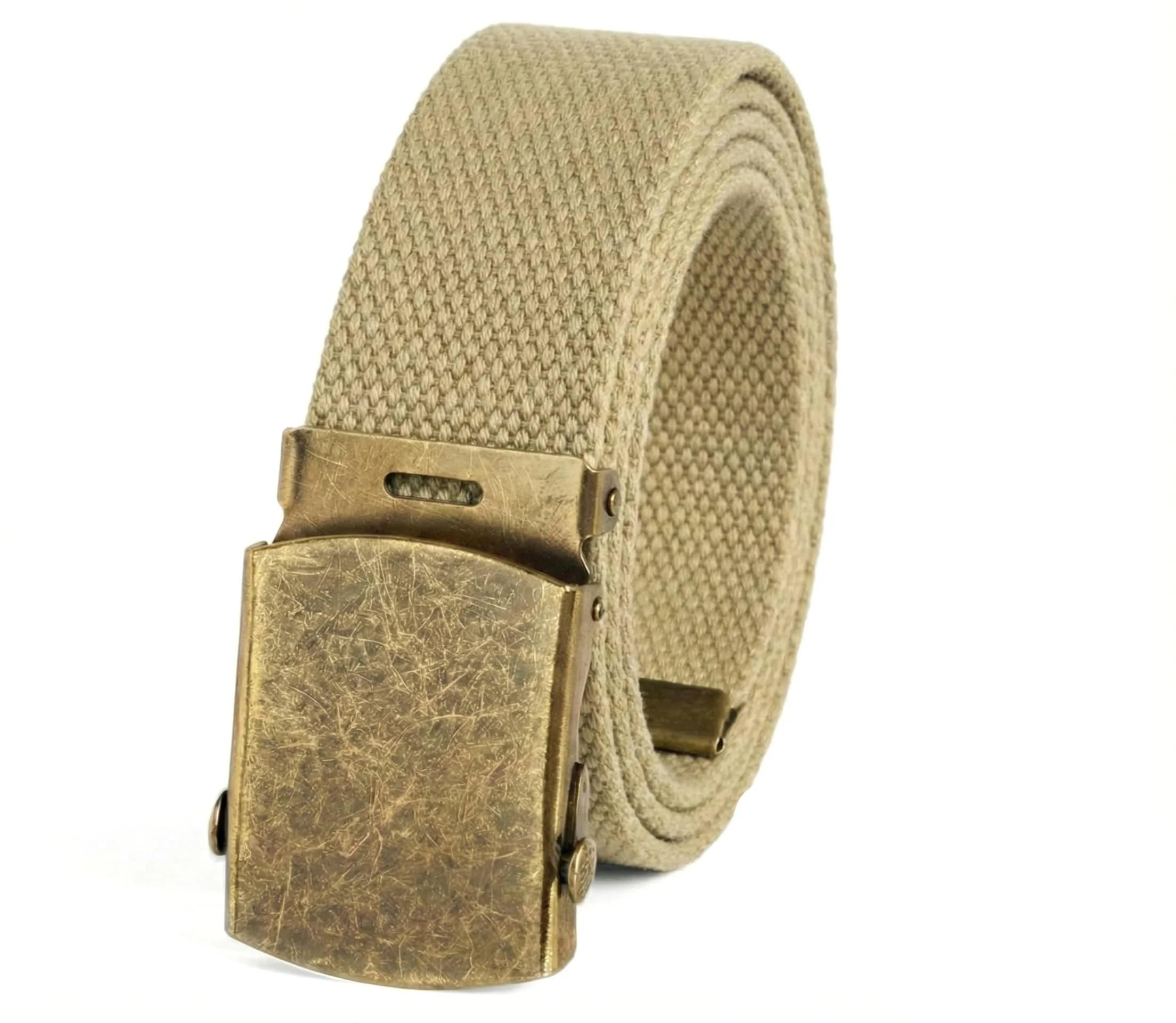 BC Belts Canvas Web Belt Military Style with Antique Brass Buckle 54" | Versatile Casual Accessory — Khaki